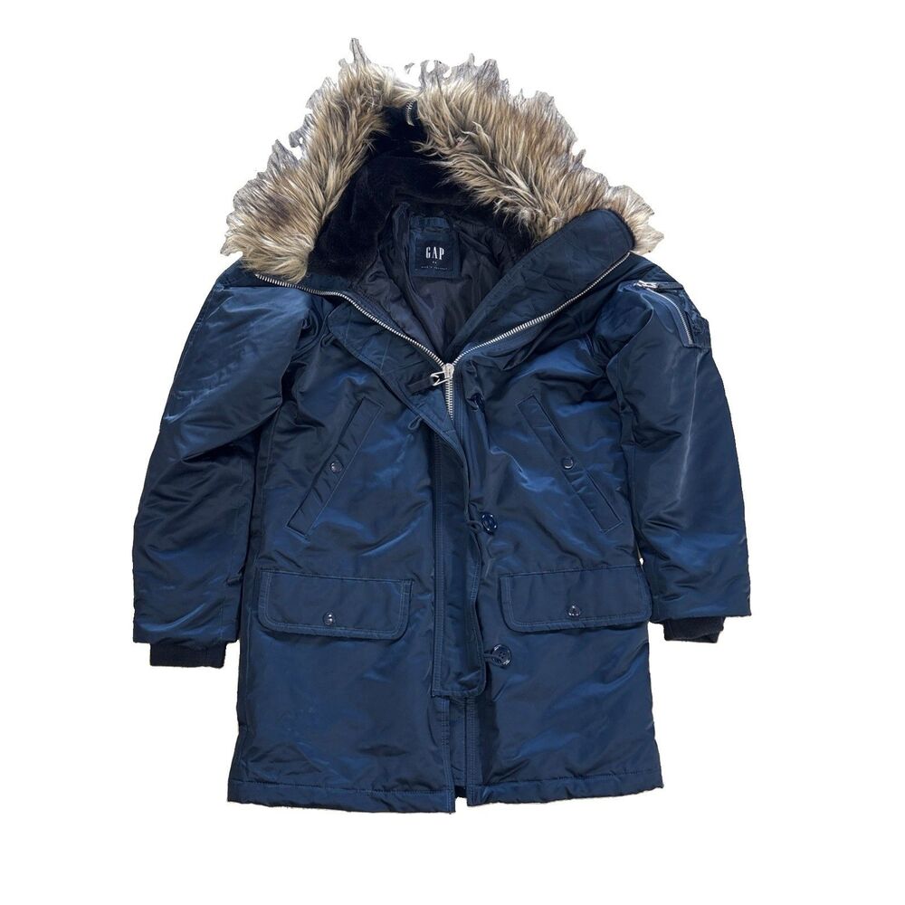 GAP Faux Fur Hooded Snorkel Parka Jacket Navy Blue Heavy Winter Coat Women XS